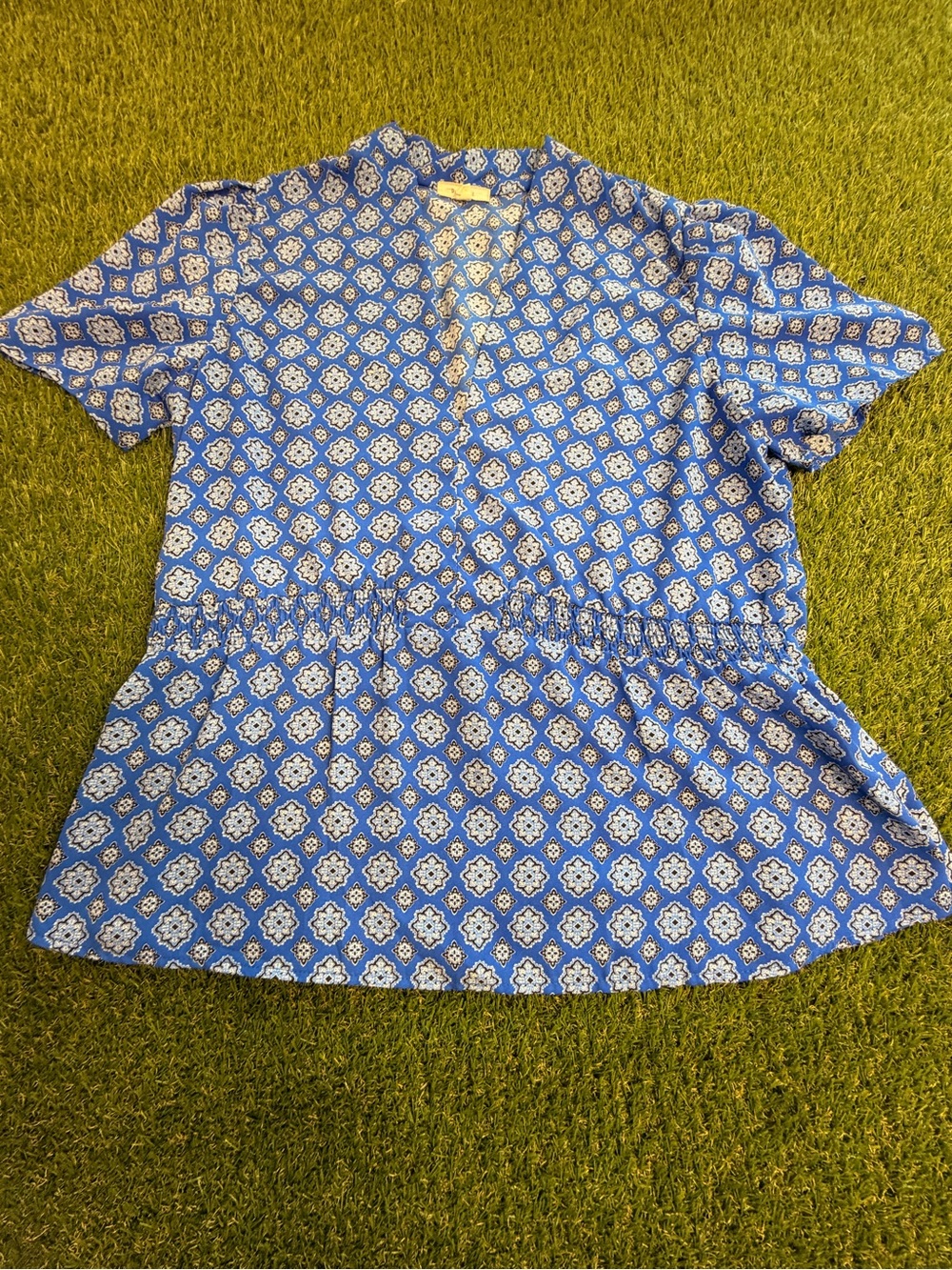Pleione Blue and White Short Sleeve Peplum Blouse
